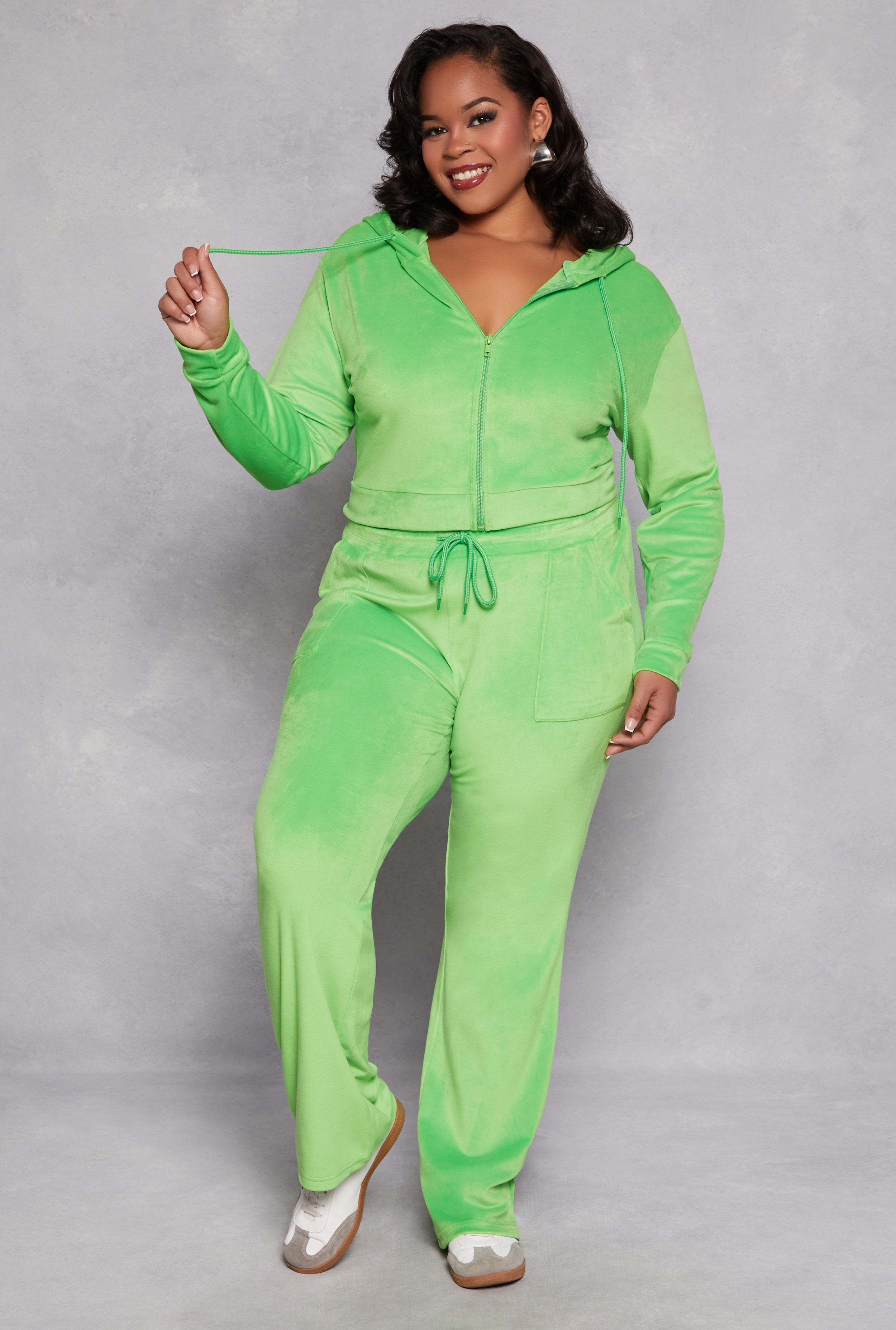 Plus Size Velour Zip Front Hooded Crop Top、mySite、camillekostekn