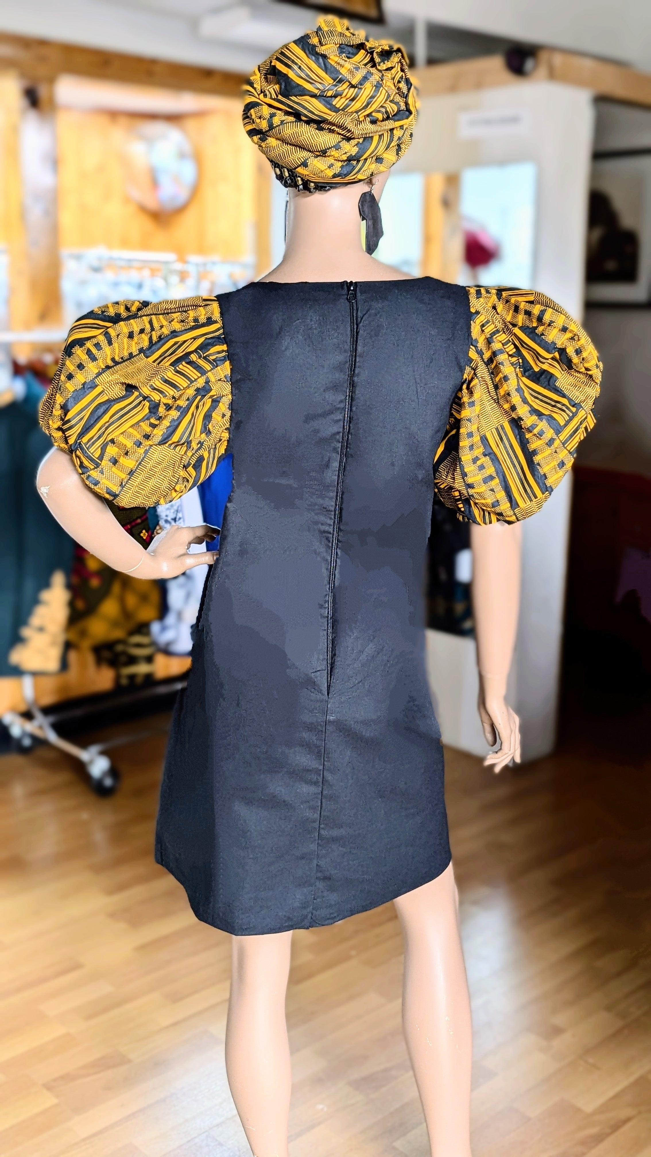 Dupsie's Nyame Nti Kente Black and Gold African Print A-Line Dress DP4091D、mySite、solidvoid