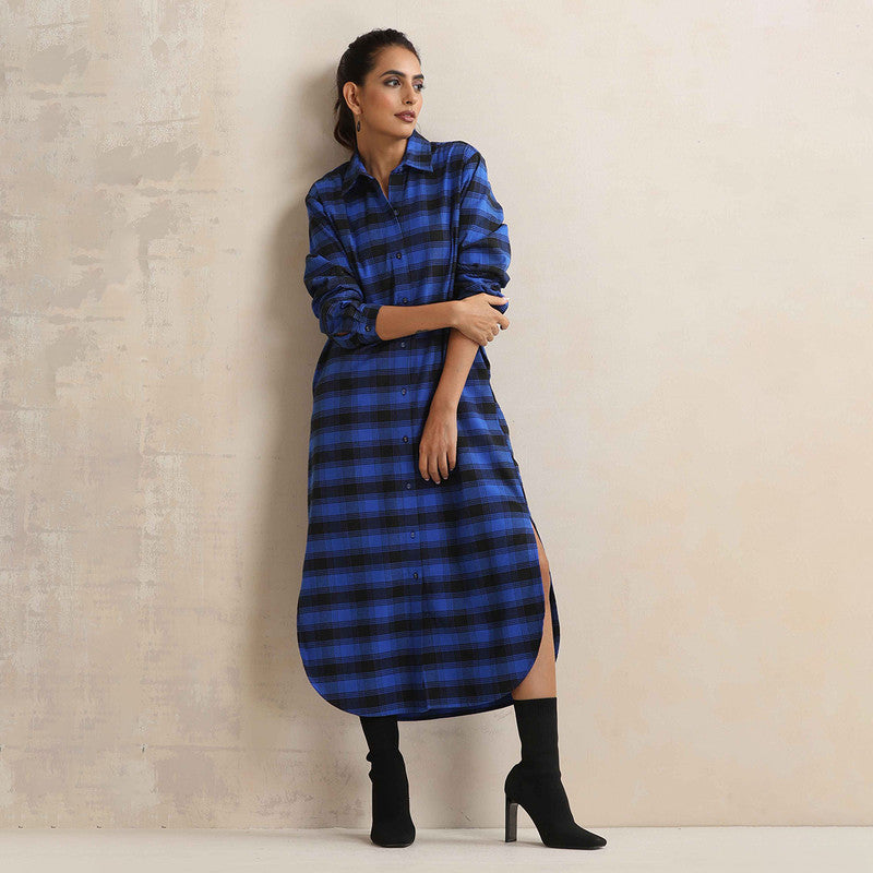 Cotton Long Shirt Dress For Women | Checkered Print | Blue、mySite、camillekostekn