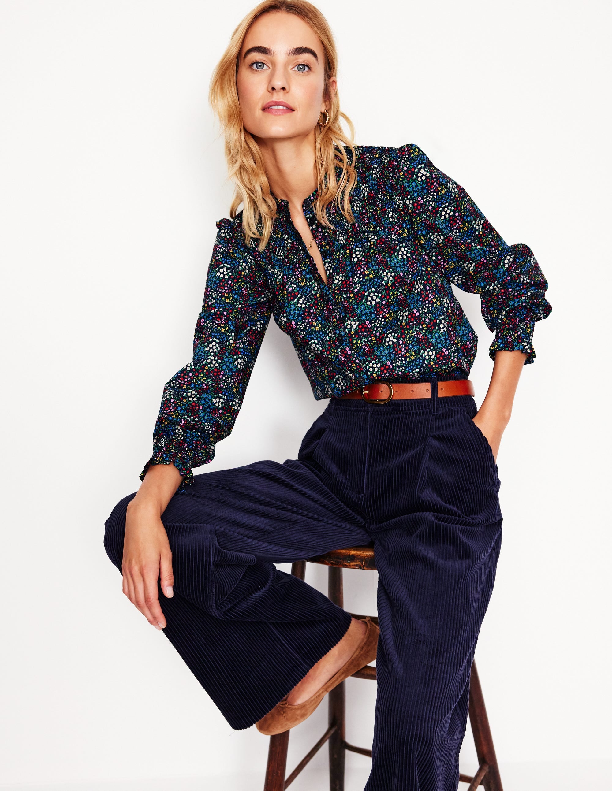  Smocked Yoke Cotton Blouse-French Navy, Bud Scatter、mySite、ashleygrahame