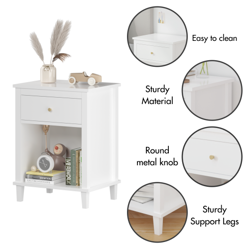 26.77''H Wooden Nightstand with One Drawer One Shelf for Kids, Adults, White+Golden handle、、casual