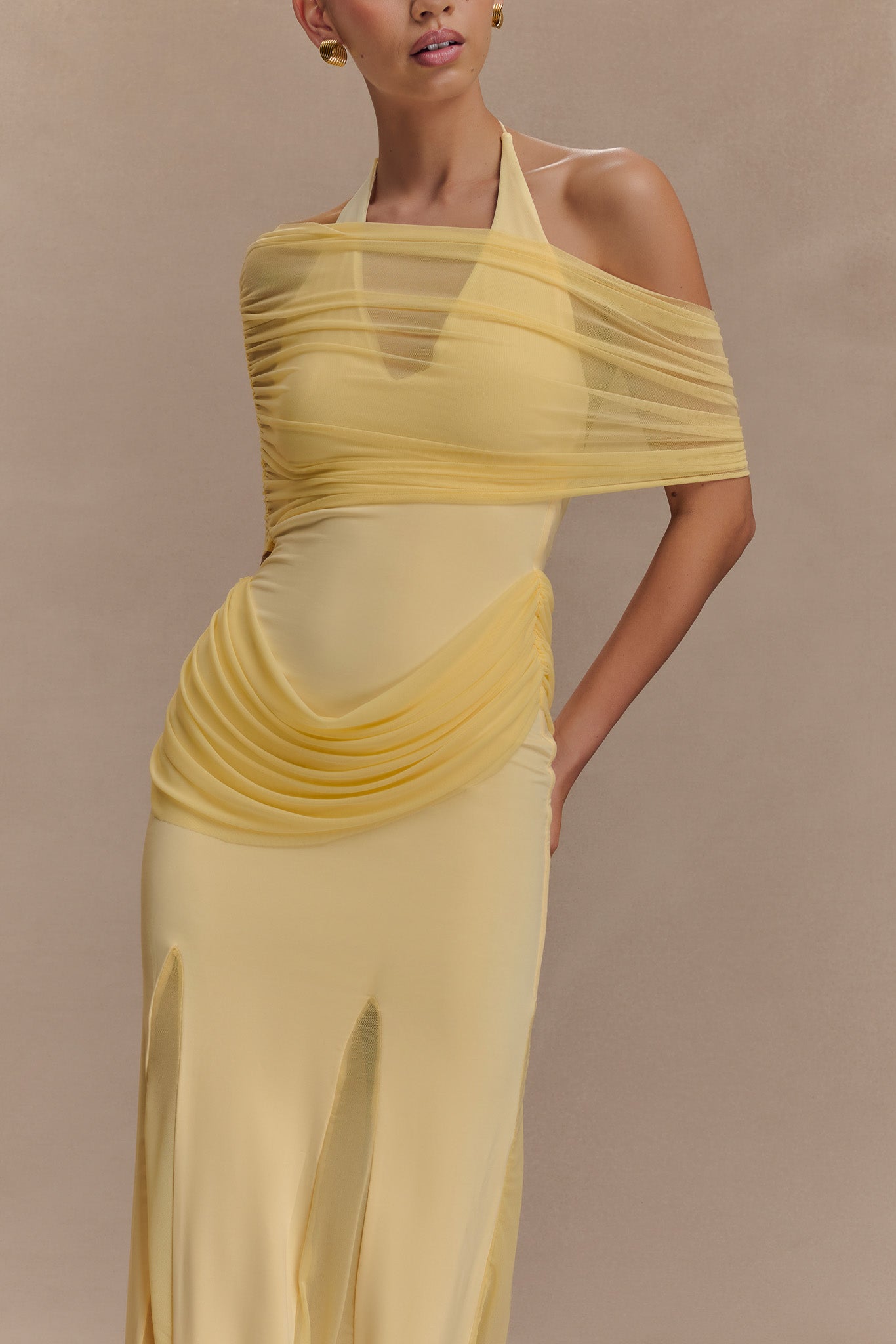 Gabrielle Slinky And Mesh Maxi Dress - Lemon、mySite、solidvoid