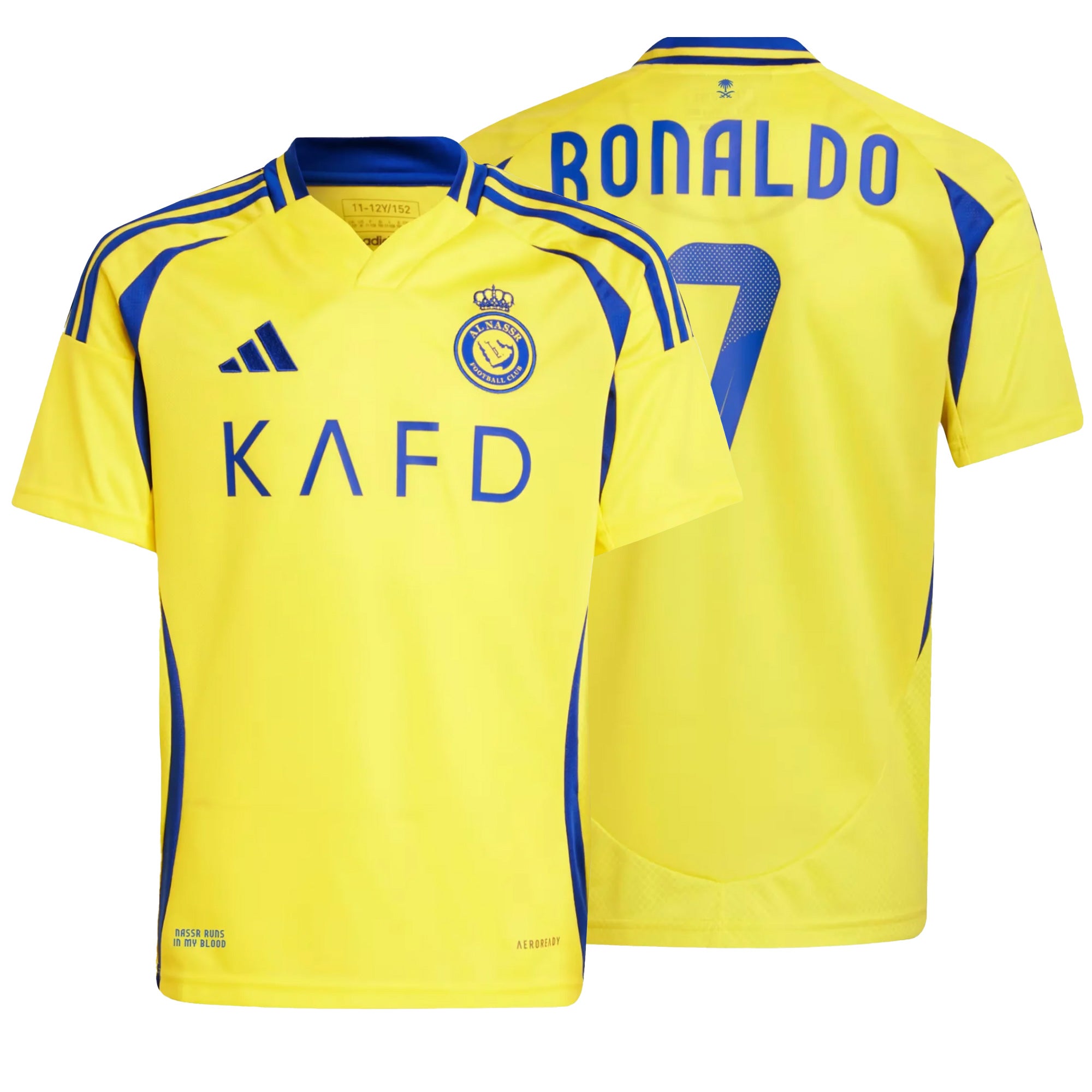 adidas Kids Al Nassr 2024/25 Home Jersey w/ Ronaldo #7 Printing Impact Yellow/Royal Blue、mySite、bottomscart