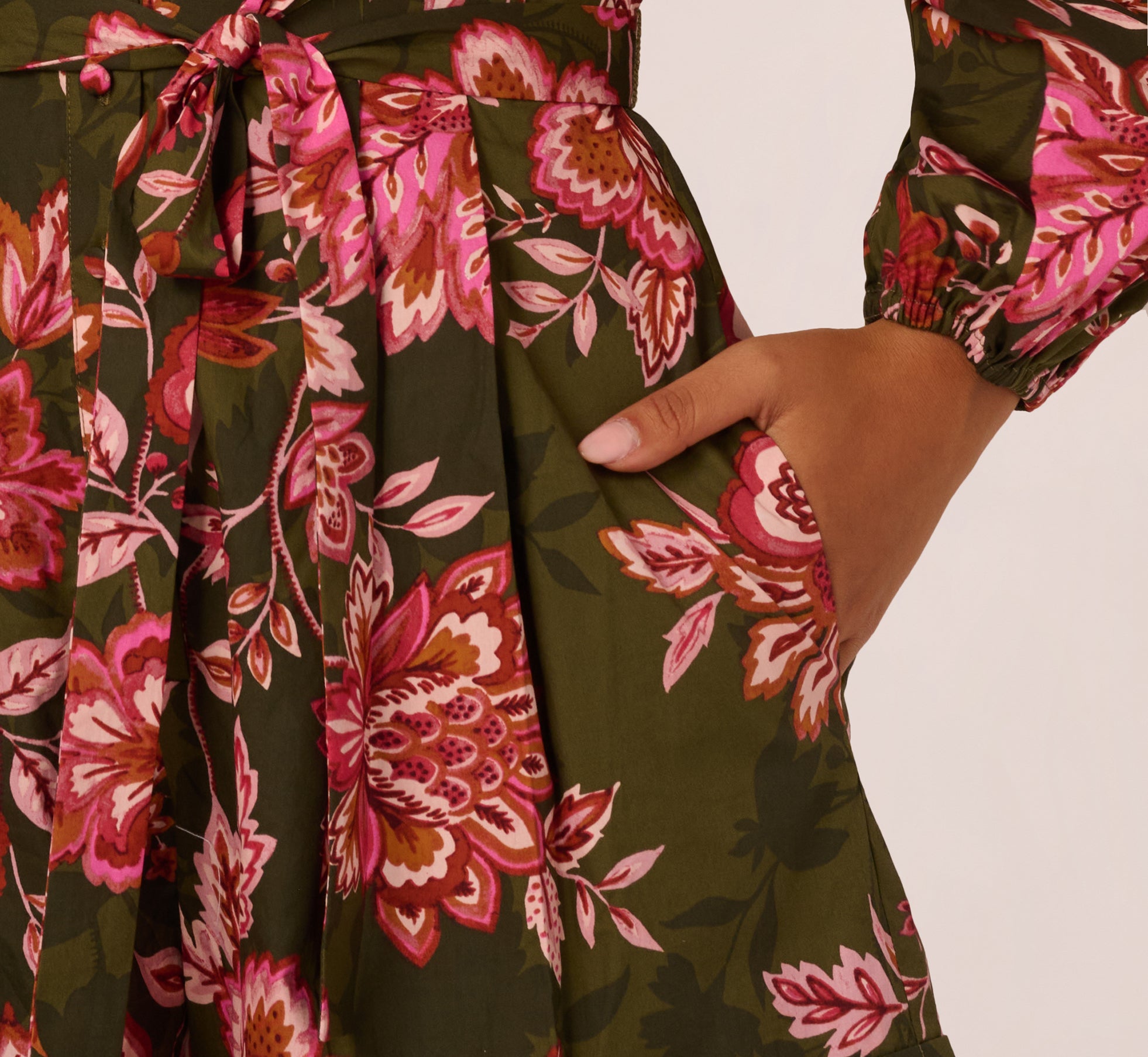 Bishop Sleeve Button Front Floral Romper In Olive Multi、mySite、solidvoid