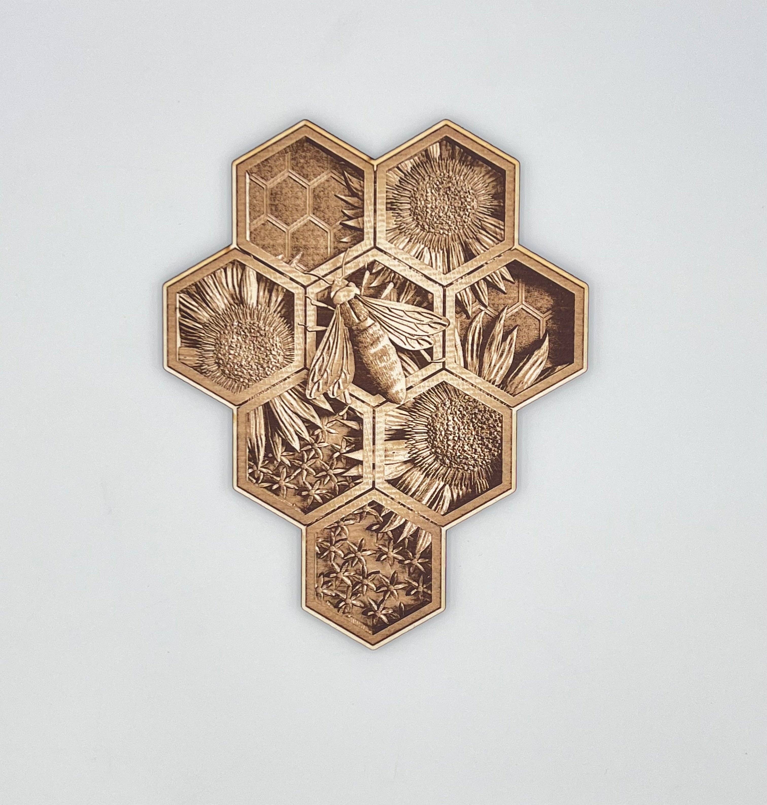 Wooden Bee Honeycomb Wall Art Laser Cut 3D Handmade in the USA、mySite、g9winljtr
