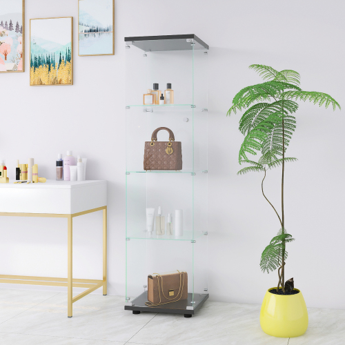 Glass Display Cabinet 4 Shelves with Door, Floor Standing Curio Bookshelf for Living Room Bedroom Office, 64.7"*16.7"*14.3", Black、、casual