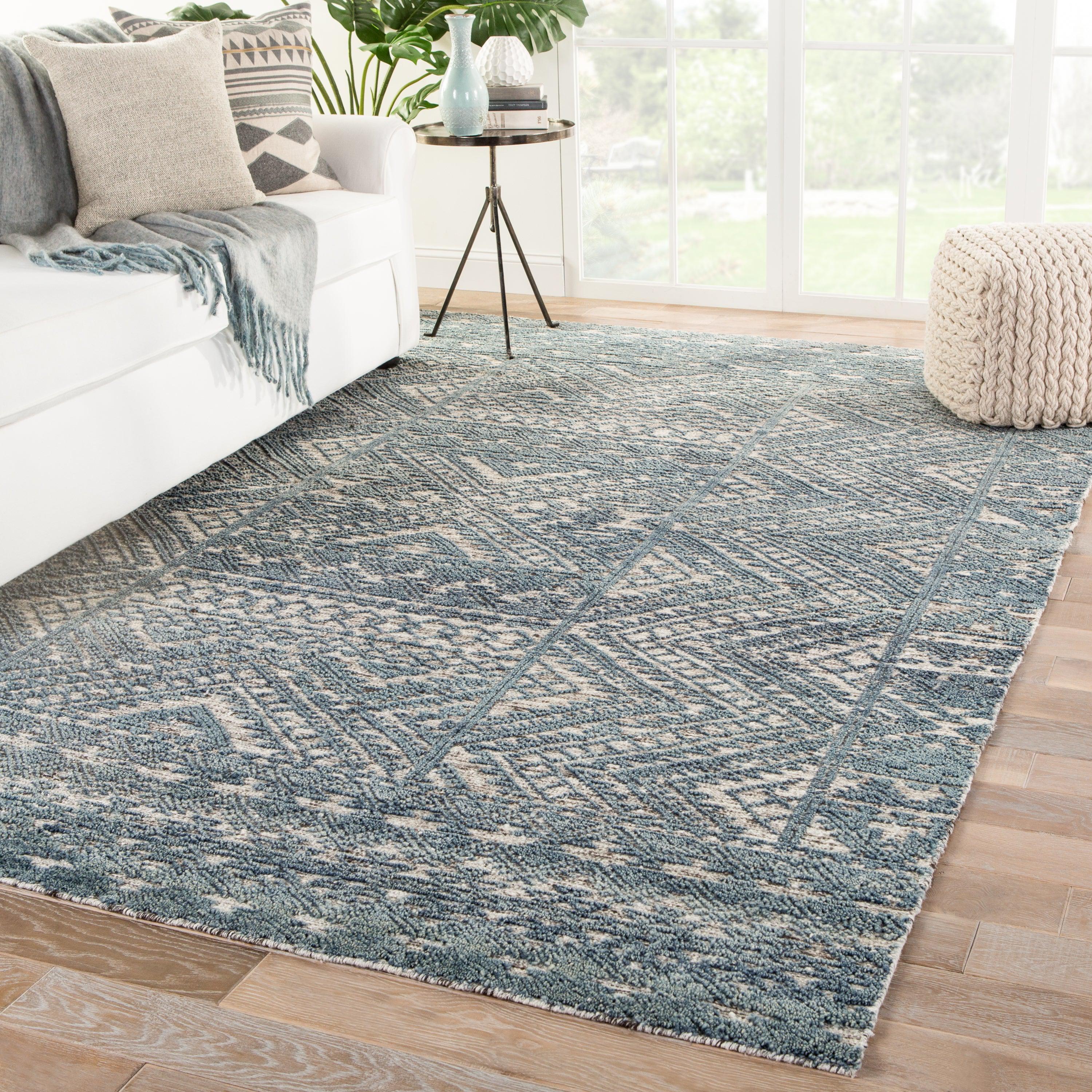 Prentice Hand-Knotted Geometric Blue Ivory Area Rug、mySite、gigharbornorthrealestate