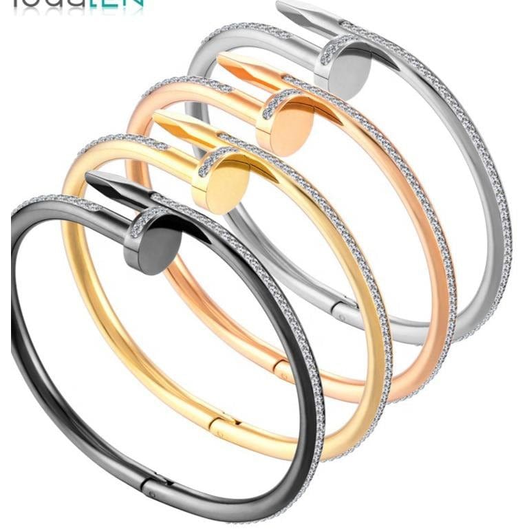 Stunning Nail Bangle Bracelet-Hinged with Cubic Zirconia Stainless Steel, 18K Gold Plated、mySite、g9winljtr
