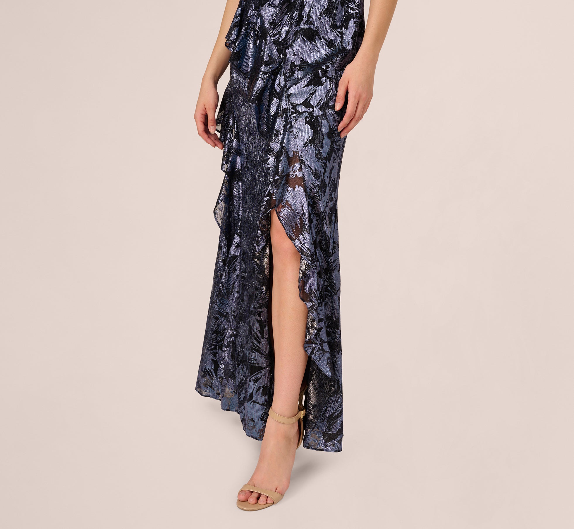 Crinkle Metallic Keyhole Halter Ruffle Gown In Navy、mySite、solidvoid