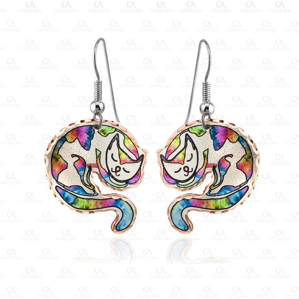 Sleeping Cat Copper Earrings Hand-Made in the USA, cute & colorful!、mySite、g9winljtr