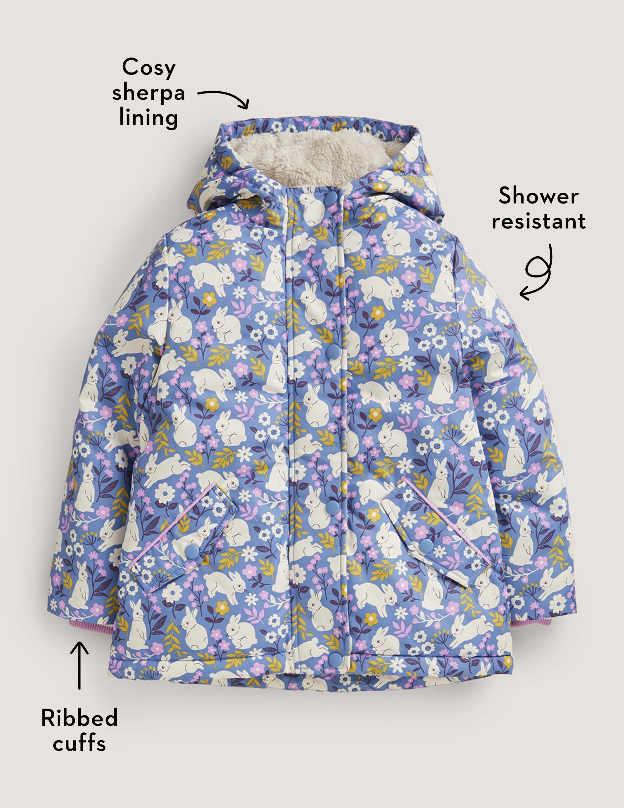  Blue Bunny Print Sherpa-Lined Anorak-Riviera Blue Bunny Field、mySite、ashleygrahame