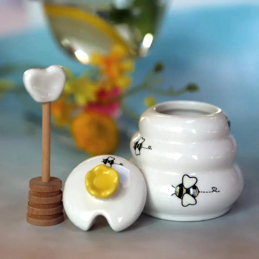 Sweet as Can Bee Ceramic Honey Pot with Wooden Dipper、mySite、topwebapps