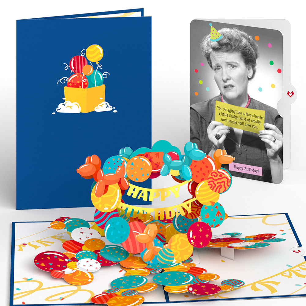 Happy Birthday Banner and Balloons Pop-Up Card and Aging Like a Fine Cheese Sentiment Set、mySite、solidvoid