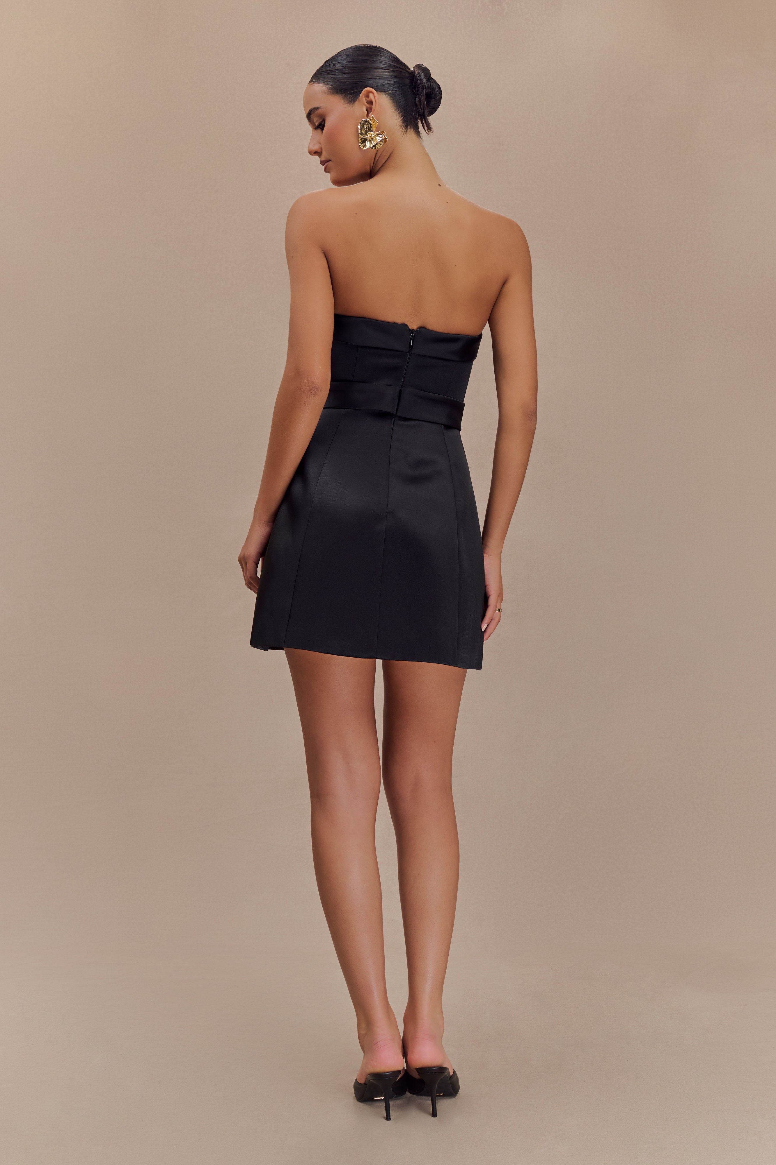 Tatiana Satin Strapless Bow Mini Dress - Black、mySite、solidvoid