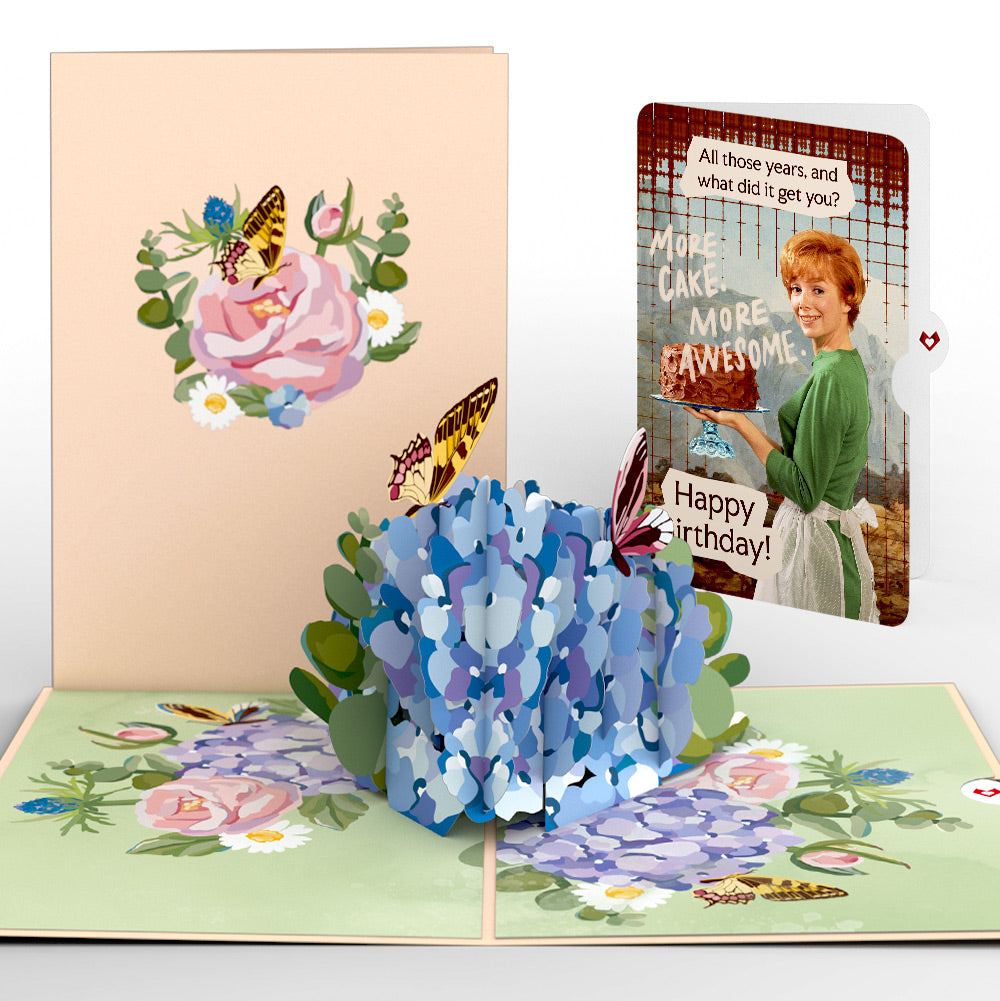 Hydrangea Butterflies Birthday Pop-Up Card and More Cake More Awesome Sentiment Set、mySite、solidvoid