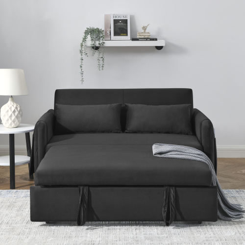 55" Modern Convertible Sofa Bed with 2 Detachable Arm Pockets, Velvet Loveseat Sofa with Pull Out Bed, 2 Pillows and Living Room Adjustable Backrest, Grid Design Armrests、、casual