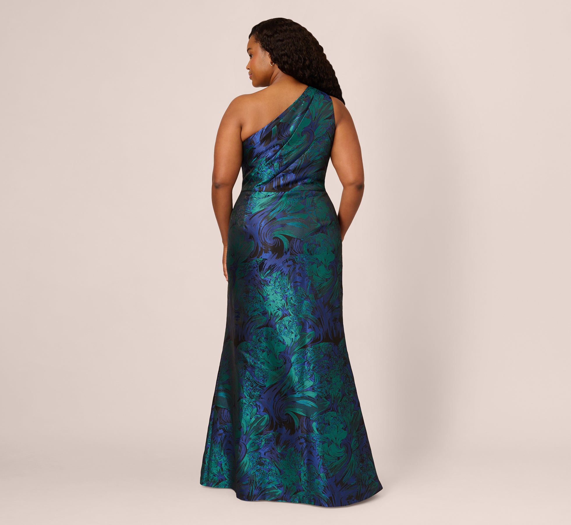Plus Size One Shoulder Jacquard Mermaid Gown With Drape Detail In Cobalt Teal、mySite、solidvoid