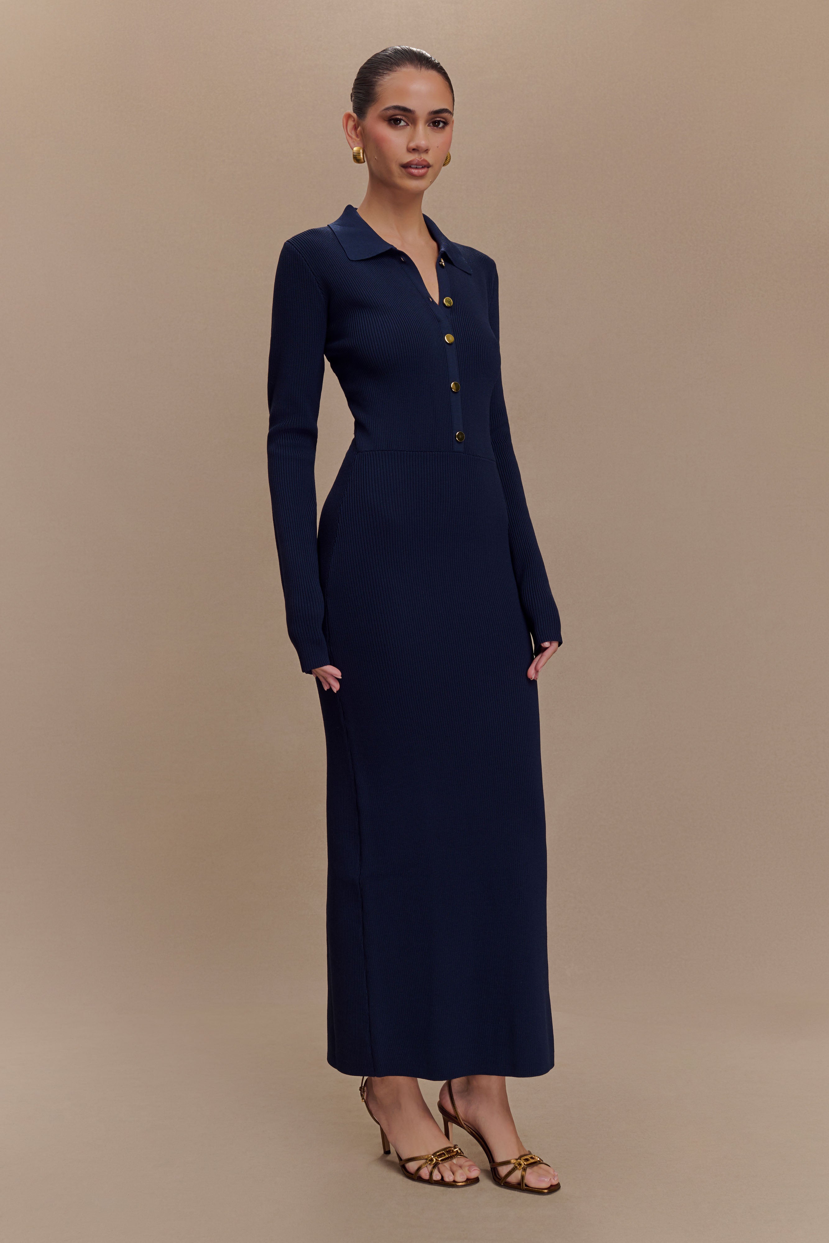 Abbey Buttoned Knit Midi Dress - Navy、mySite、solidvoid