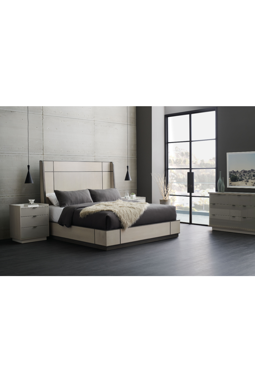 Taupe Modern Bed | Caracole Repetition Wood、mySite、neckold