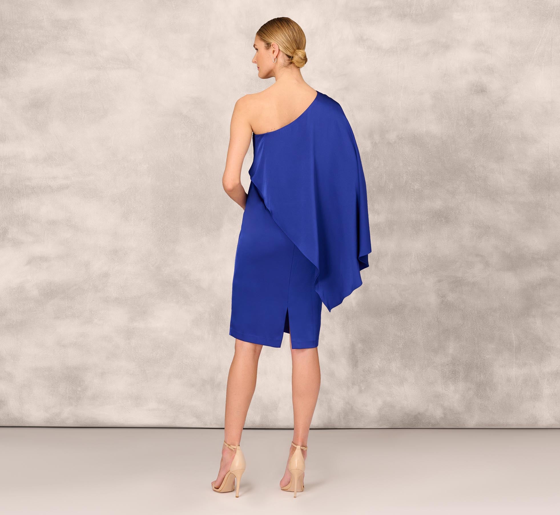 One-Shoulder Satin Draped Sheath Dress With Crepe Back And Cape In Royal Sapphire、mySite、solidvoid