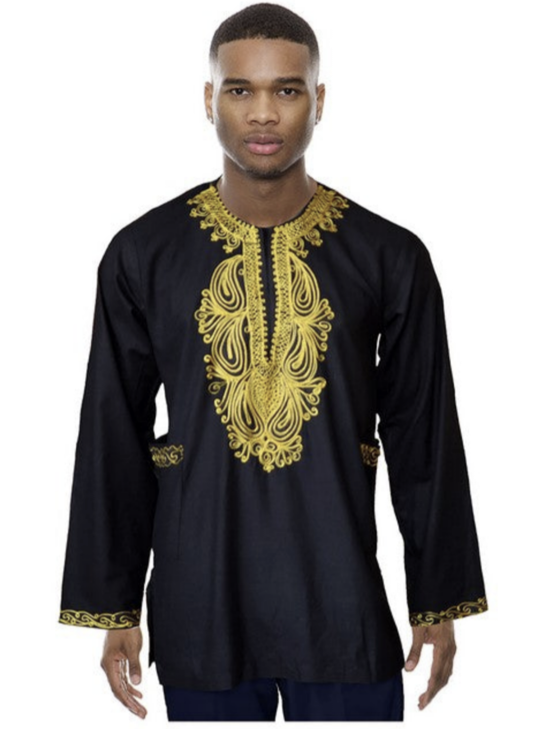 Black Cotton Long Sleeve Dashiki Shirt with Gold Embroidery DP3781LS、mySite、solidvoid
