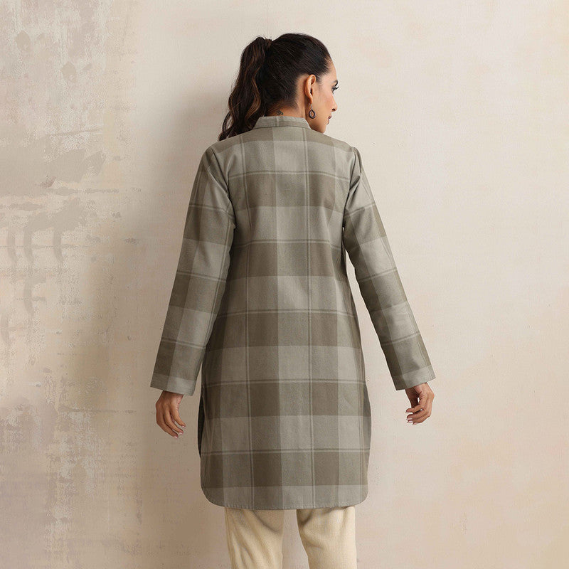 Cotton Short Kurta For Women | Mandarin Collar | Checkered Print | Green、mySite、camillekostekn