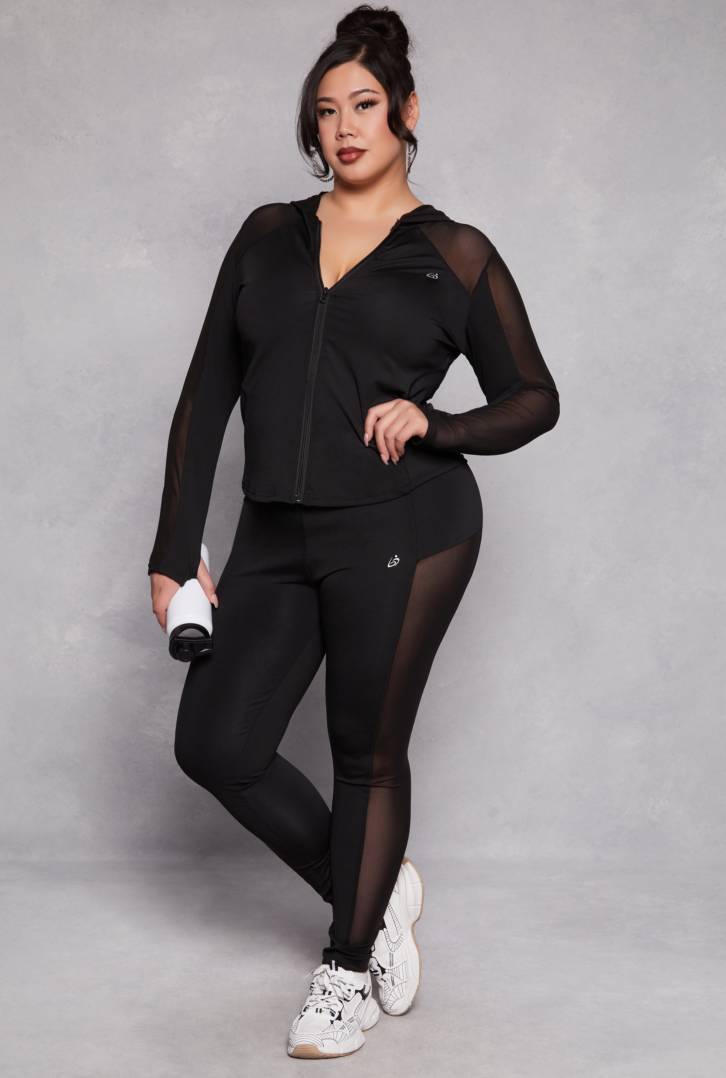 Plus Size Mesh Insert Hooded Active Top、mySite、camillekostekn