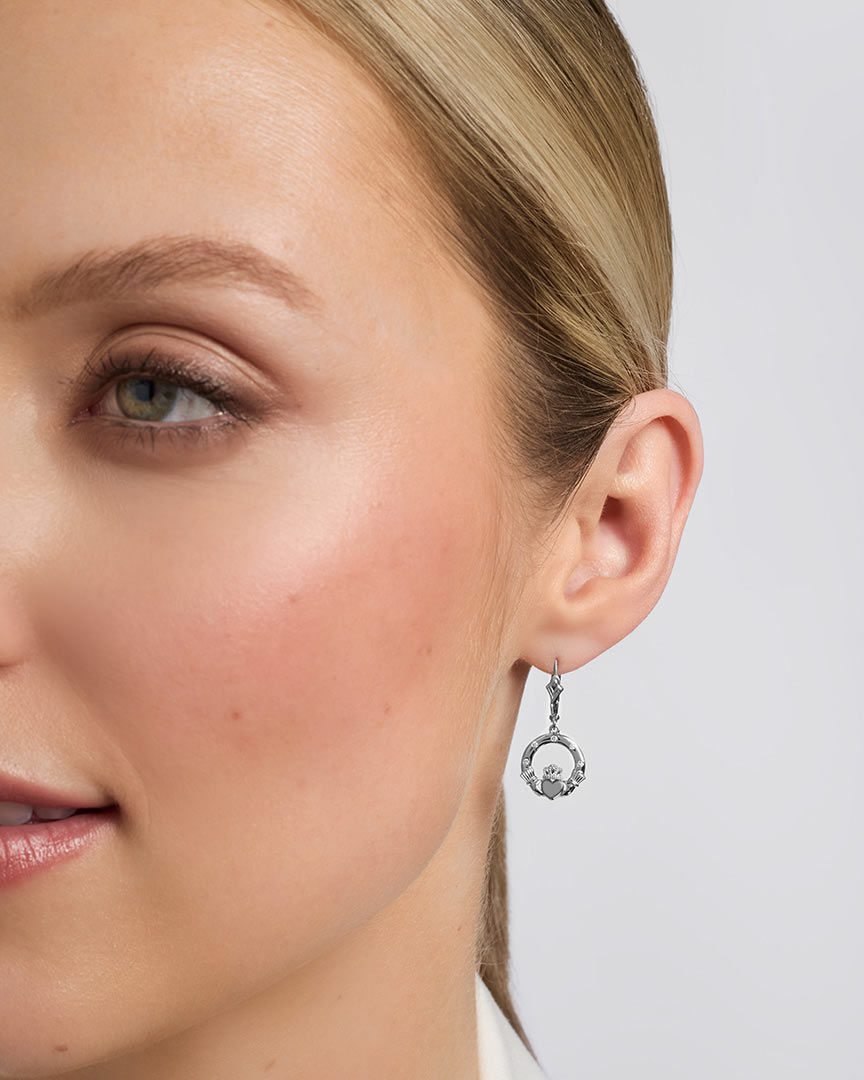  White Gold Flush Set Diamond Claddagh Drop Earrings