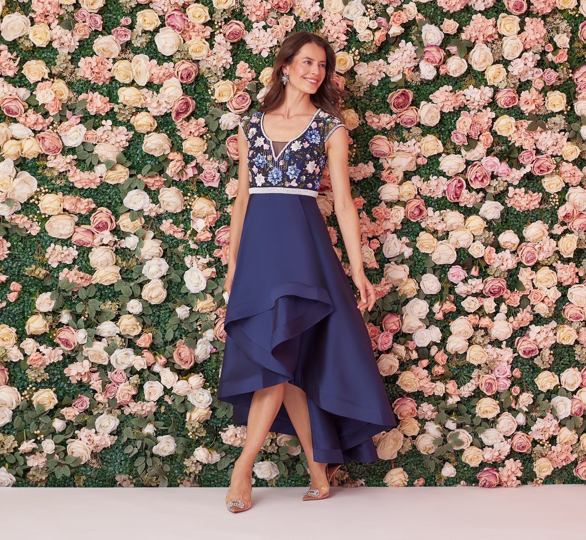 Cap Sleeve Beaded Gown With Taffeta High Low Skirt In Light Navy、mySite、solidvoid