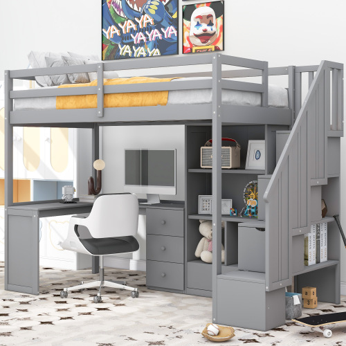Twin Size Loft Bed with L-Shaped Desk and Drawers, Cabinet and Storage Staircase, White、、casual
