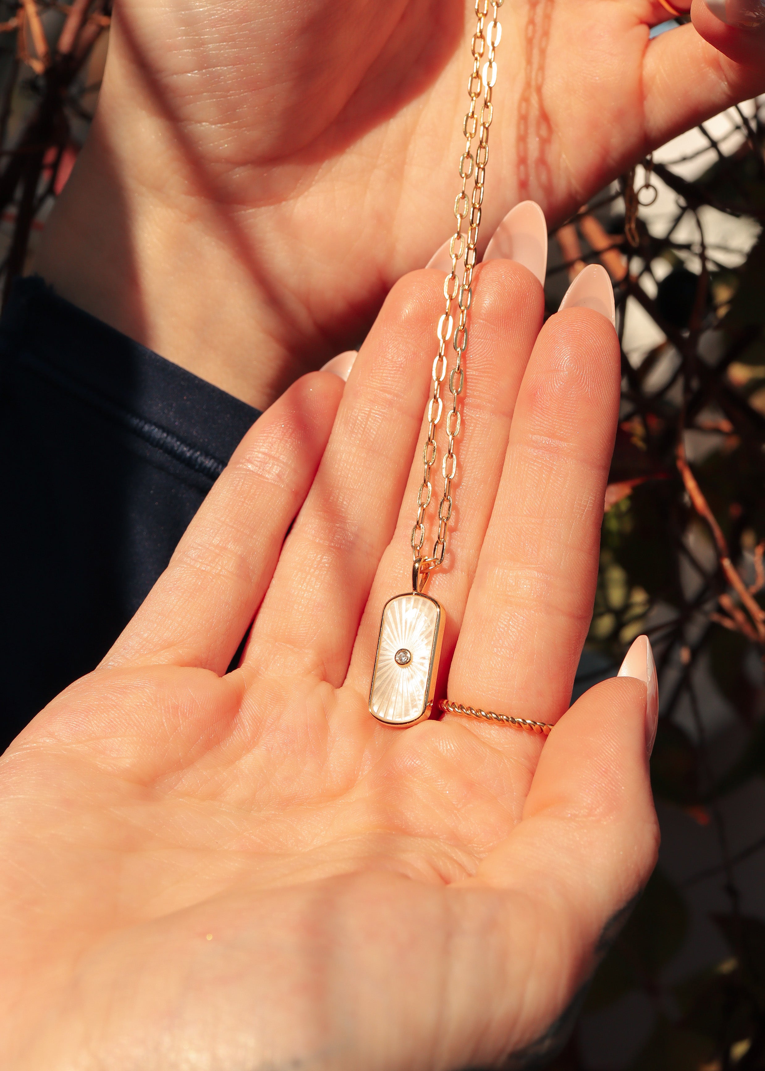 14K Gold Plated Sterling Silver Mother of Pearl Sunburst Mystical Paperclip Chain Necklace / PMJ0029、mySite、dreamappss