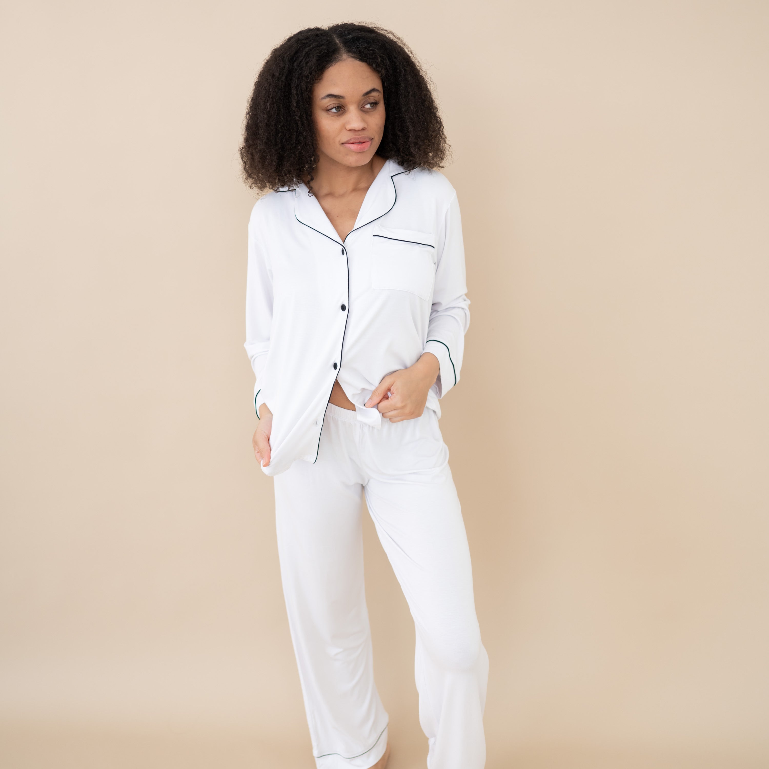  Women's Long Sleeve Pajama Set in Snow with Midnight Trim、mySite、layawaytickets