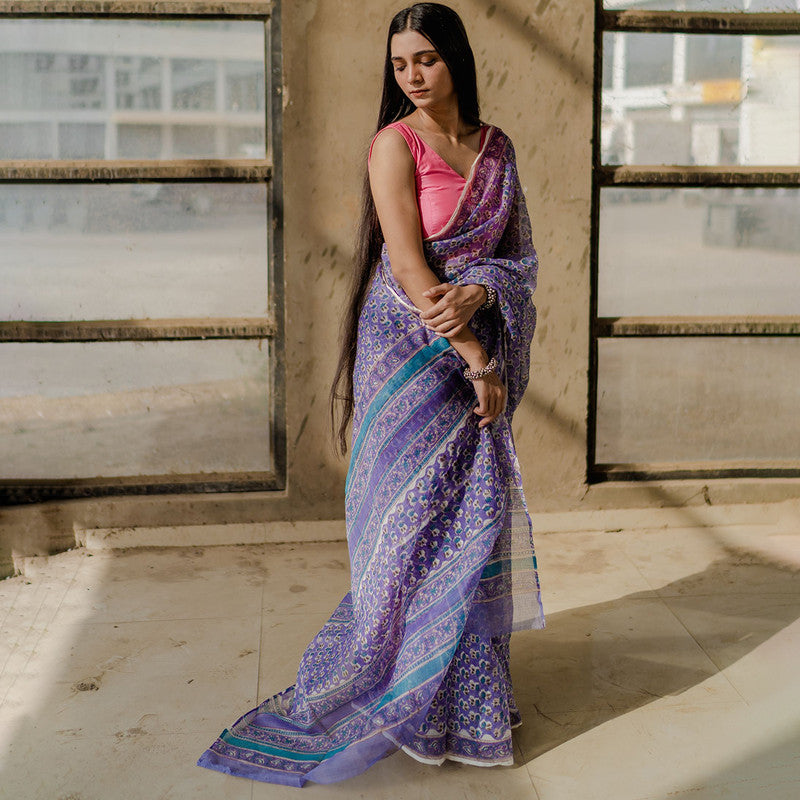 Kota Doria Sarees | Sanganeri Print | Blue、mySite、camillekostekn