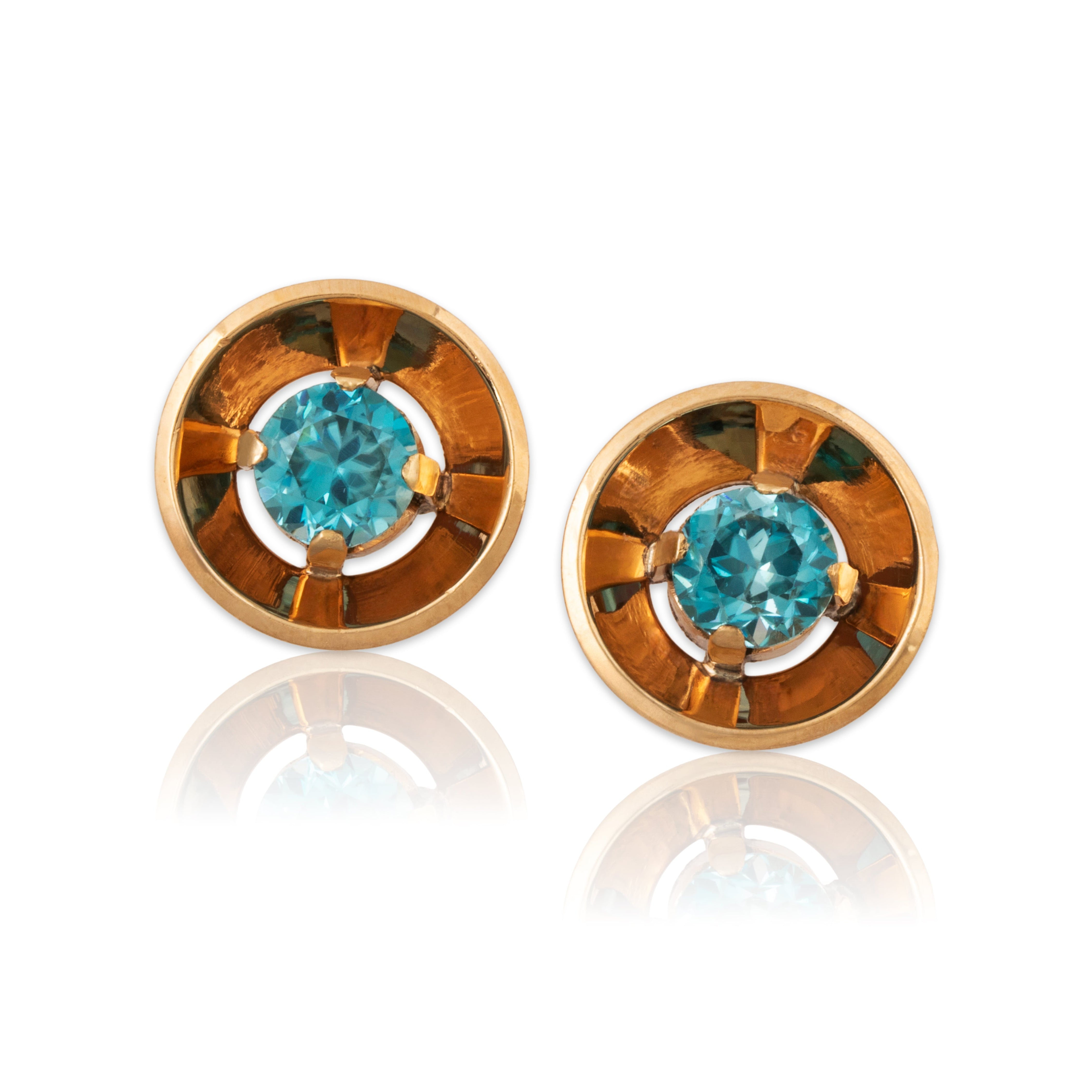 Vintage 14k Rose Gold 2.6cttw Blue Zircon Flashing Disk Stud Earrings、mySite、hinf8tx79