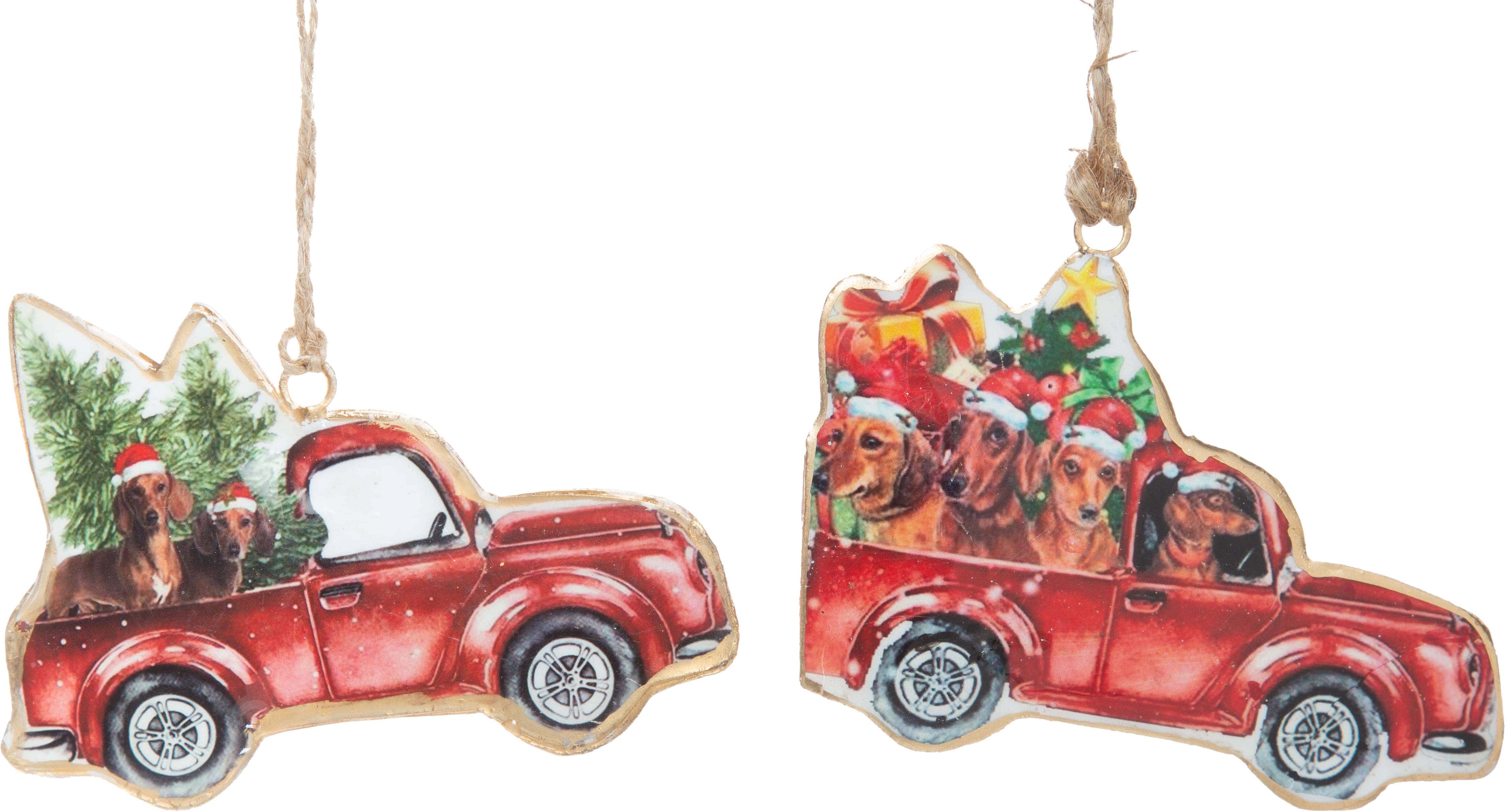 Doxie's in Pick-up Truck with Tree - Metal Ornaments、mySite、g9winljtr