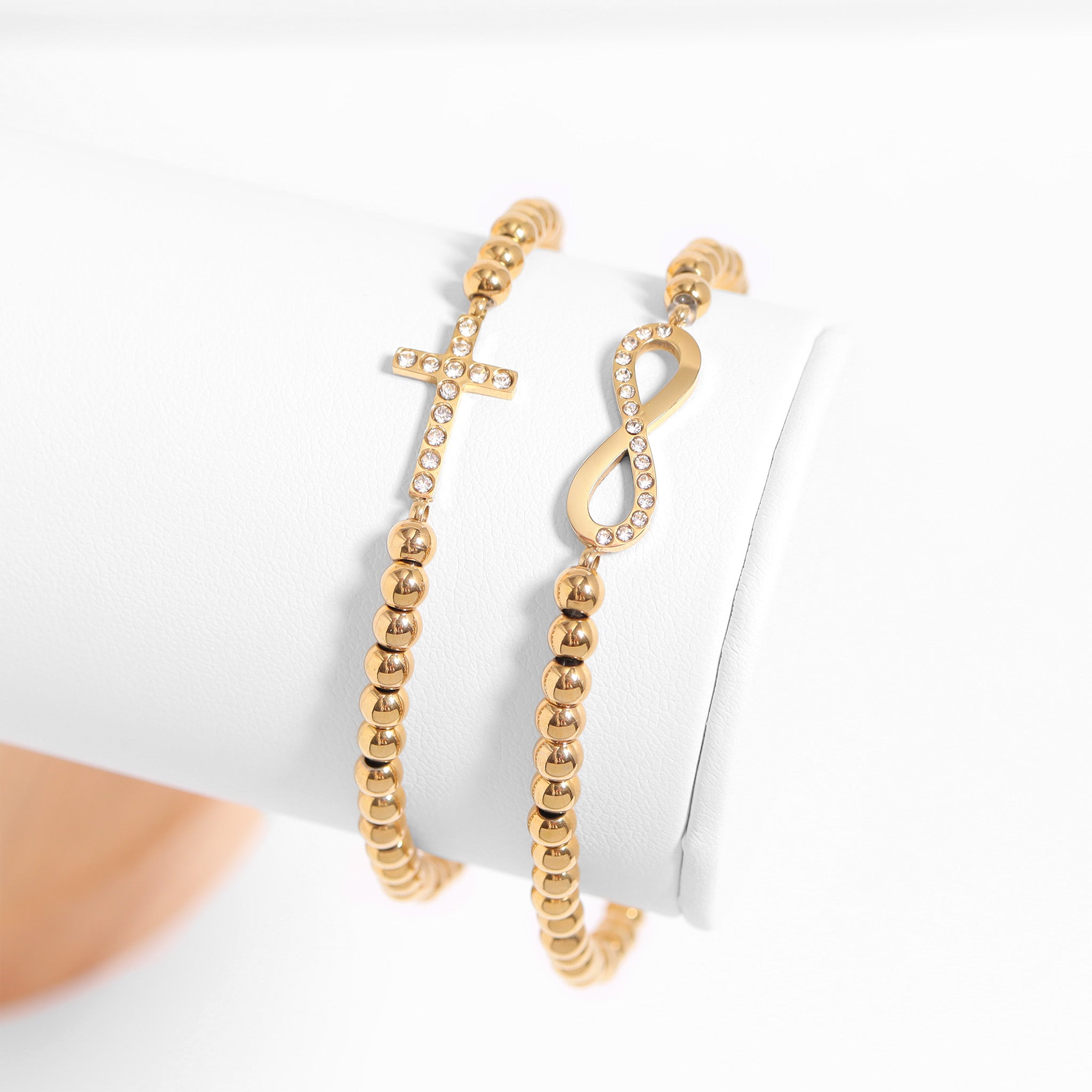 18K Gold PVD Stainless Steel Stone Infinity Sign Metal Beaded Stretch Bracelet / BRJ1017、mySite、dreamappss