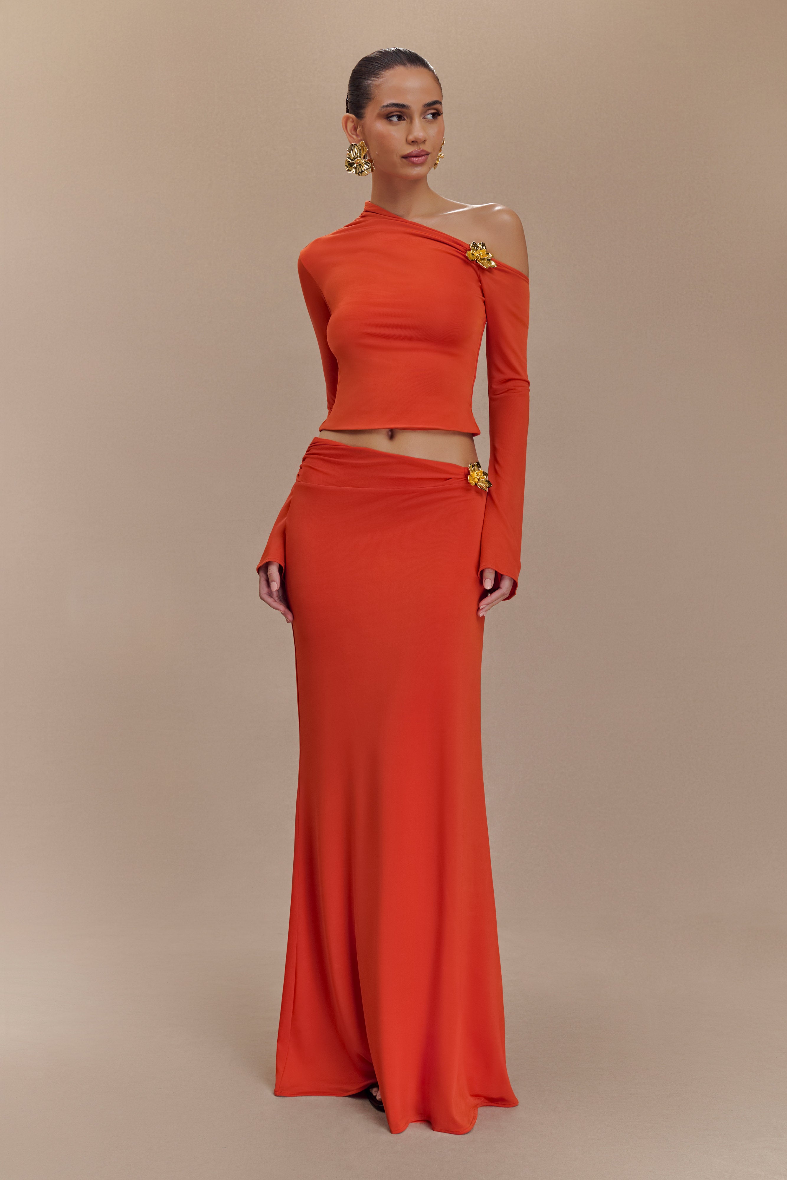 Ainsley Asymmetrical Maxi Skirt With Floral Hardware - Burnt Orange、mySite、solidvoid