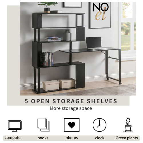 Home Office Computer Desk L-Shaped Corner Table, Rotating Computer Table with 5-Tier Bookshelf, Four Installation Methods, Lockable Casters (Black)、、casual