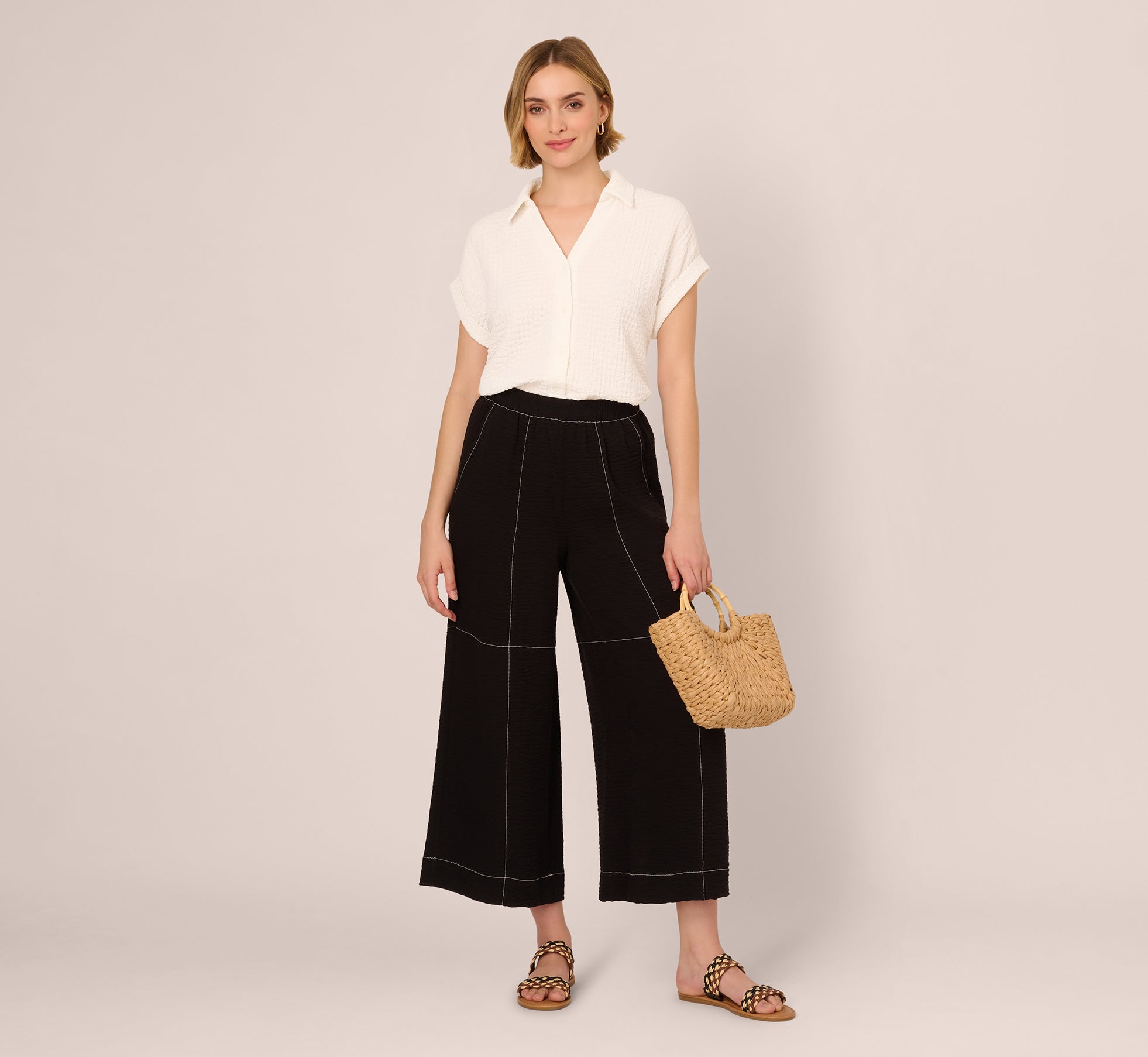 Cap Sleeve Semisheer Textured Button Front Top In Ivory、mySite、solidvoid