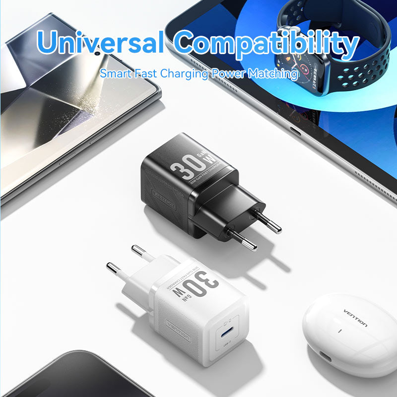 Vention 1-Port USB-C GaN Charger (30W) EU-Plug、mySite、fannypackpong