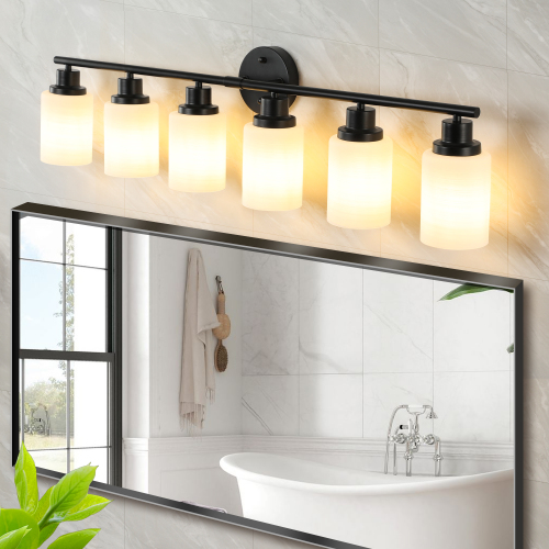 39" Modern 6-Light Vanity Bathroom Mirror Light, Frosted White Glass with Black Iron Frame, Contemporary Wall Sconce for Bedroom, Bathroom, and Dressing Room (No Bulbs)、、eastwooduniform