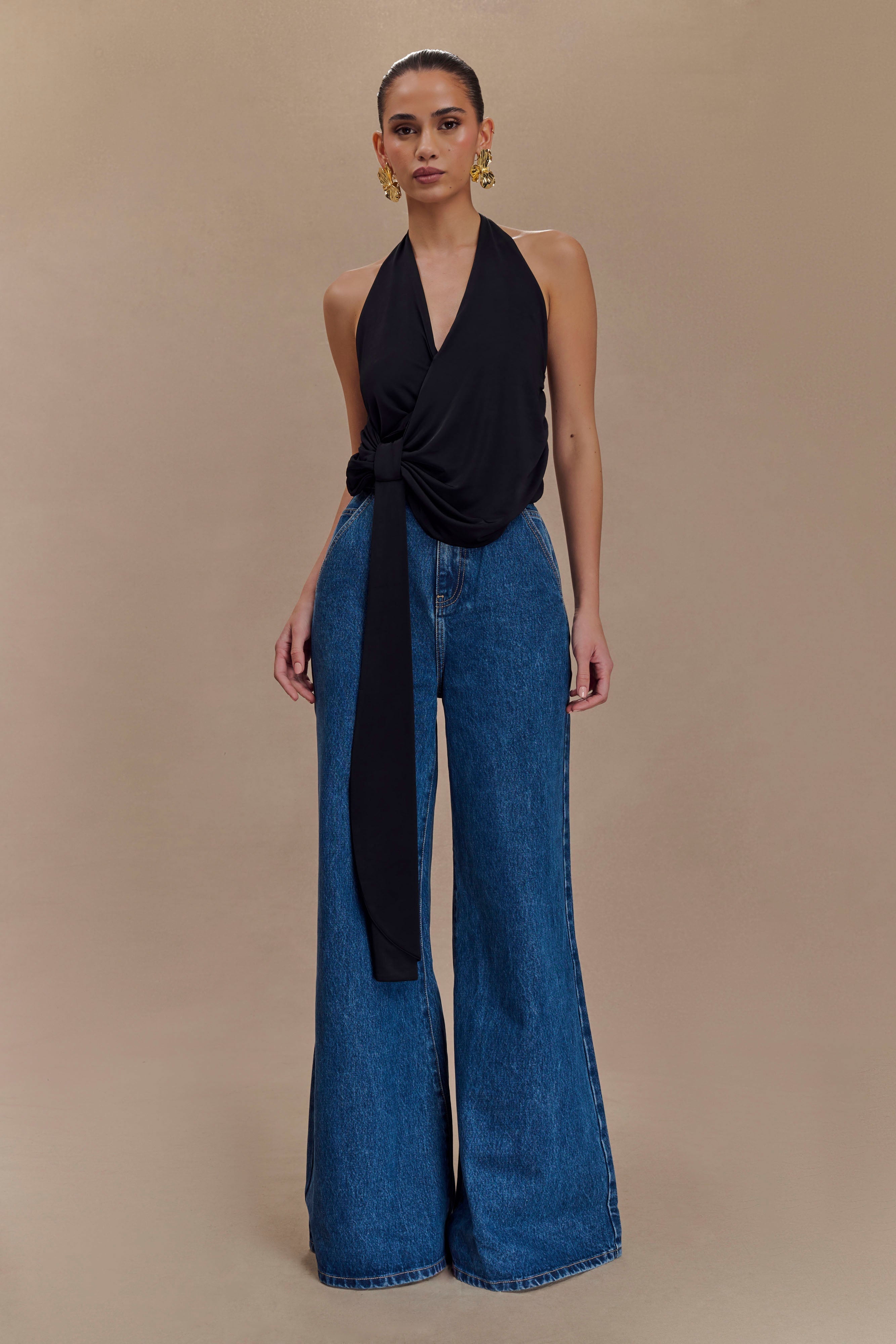 Tyla Draped Slinky Halter Top - Black、mySite、solidvoid