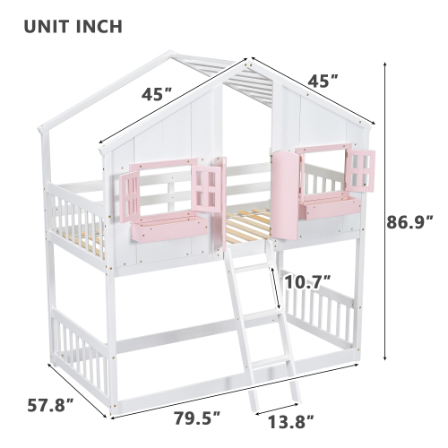 Twin over Twin House Bunk Bed with Roof , Window, Window Box, Door , with Safety Guardrails and Ladder,White、、casual