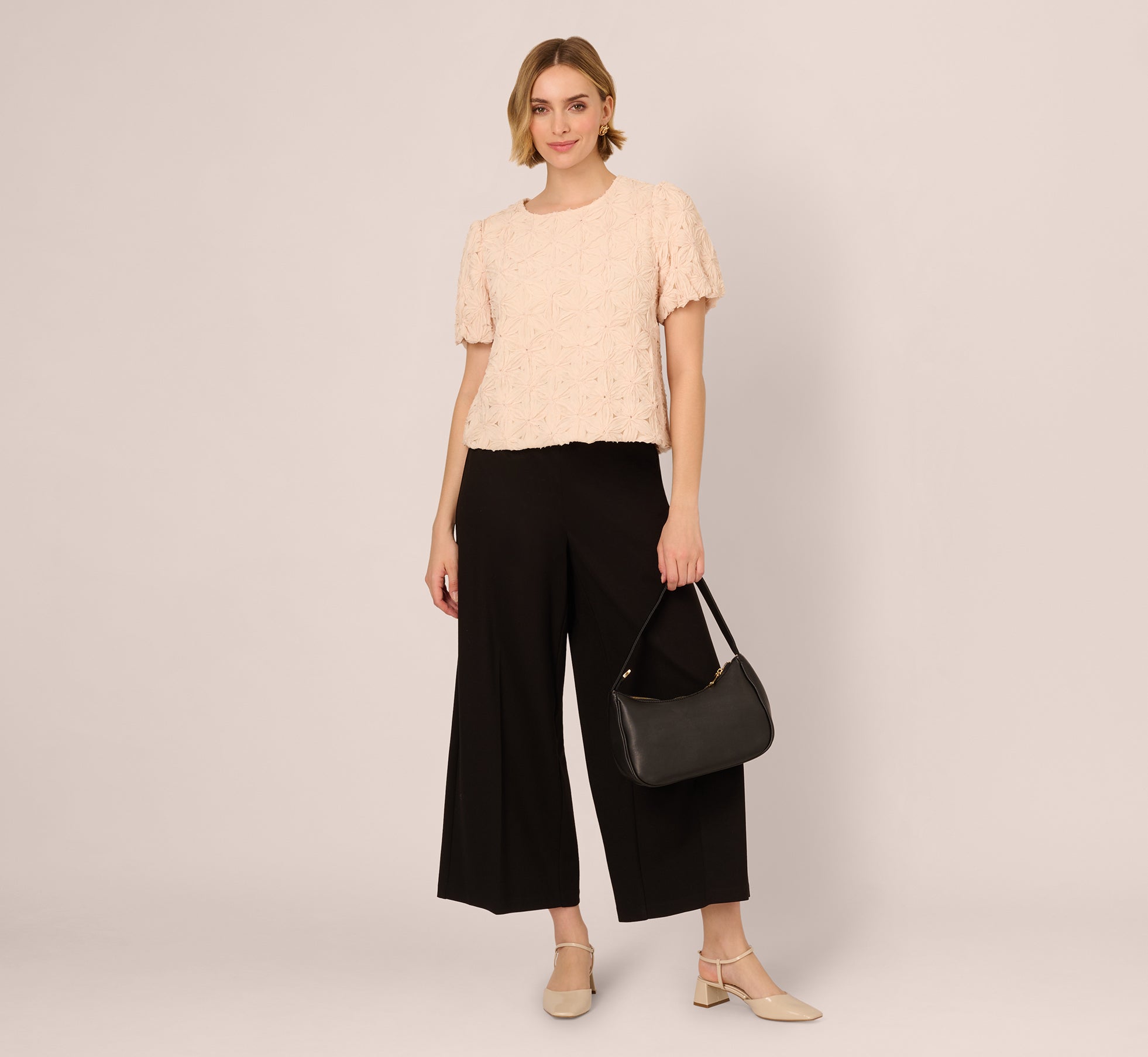 Short Sleeve Floral Crochet Texture Top In Sand Dollar、mySite、solidvoid