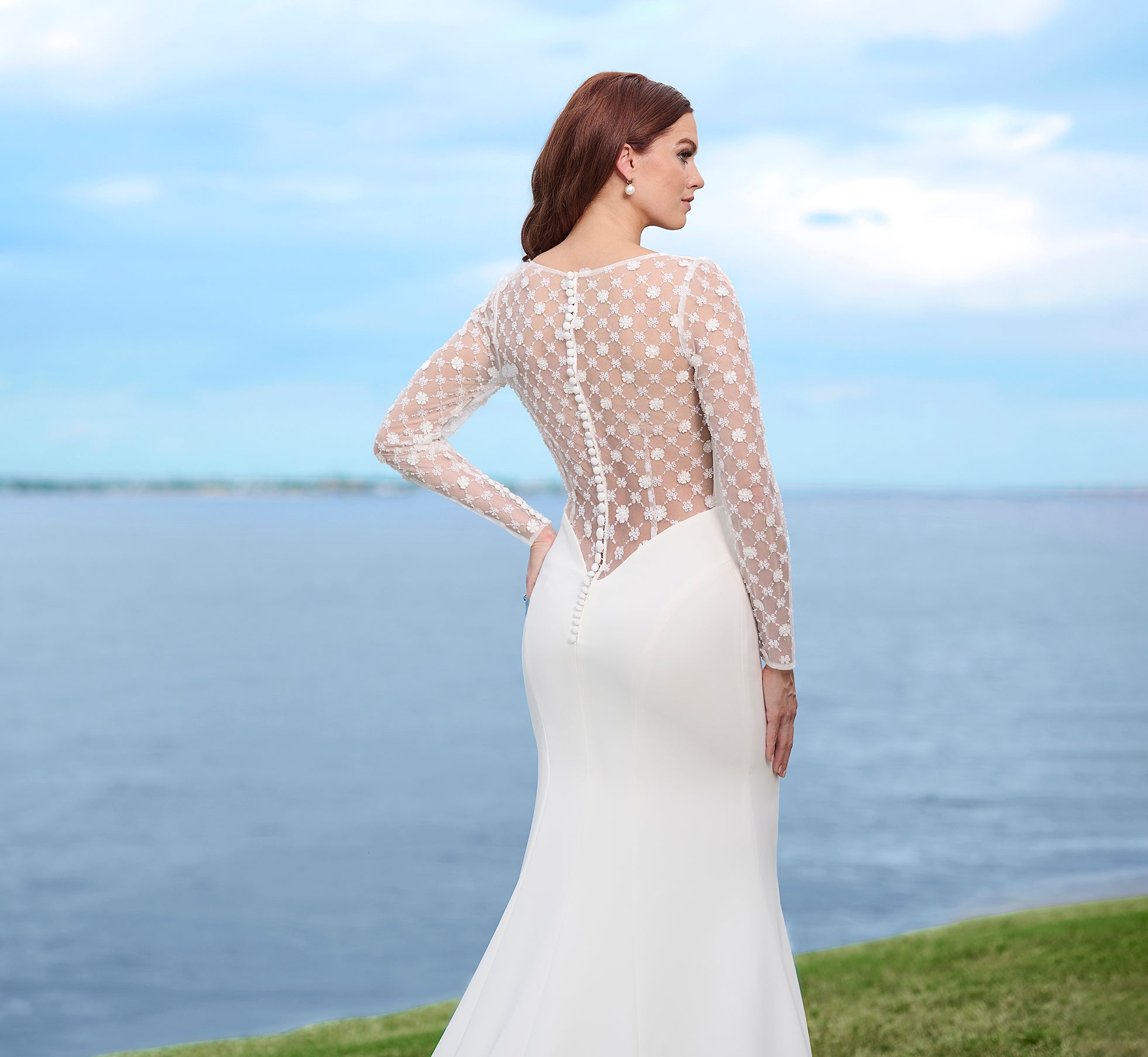 Stretch Crepe Gown With Beaded Lace Sleeves And Back In Ivory Nude、mySite、solidvoid