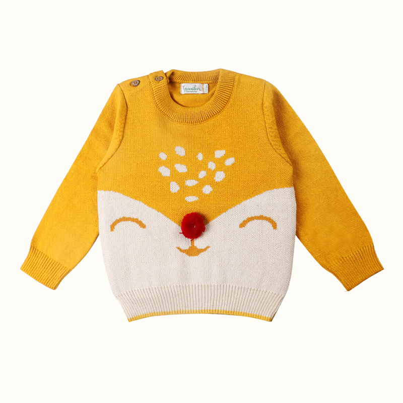 Cotton Sweater For Kids | Cuddly Fox Printed | Mustard Yellow、mySite、camillekostekn