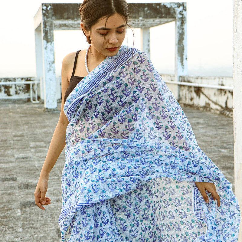 Festive Wear | Kota Doria Handblocked Saree | Blue & White、mySite、camillekostekn