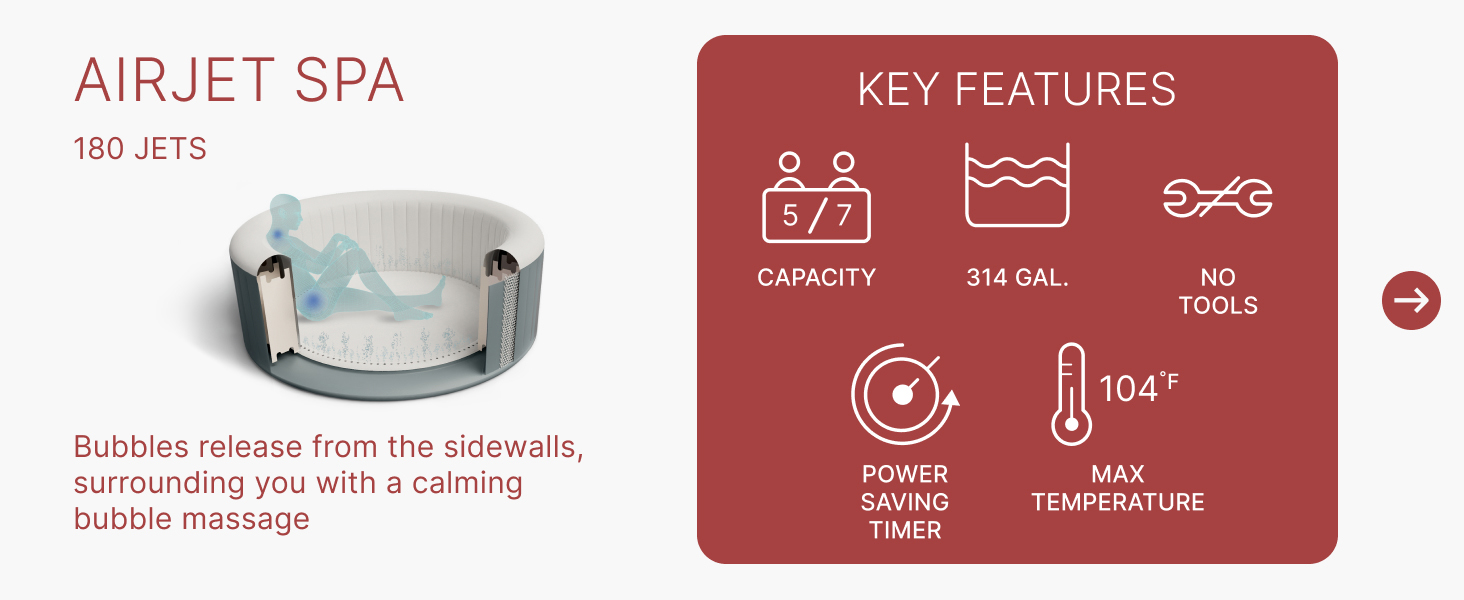 Key features: 5-7 persons, 314 gallon capacity, no-tools setup, power-saving, and 104°F max temp.