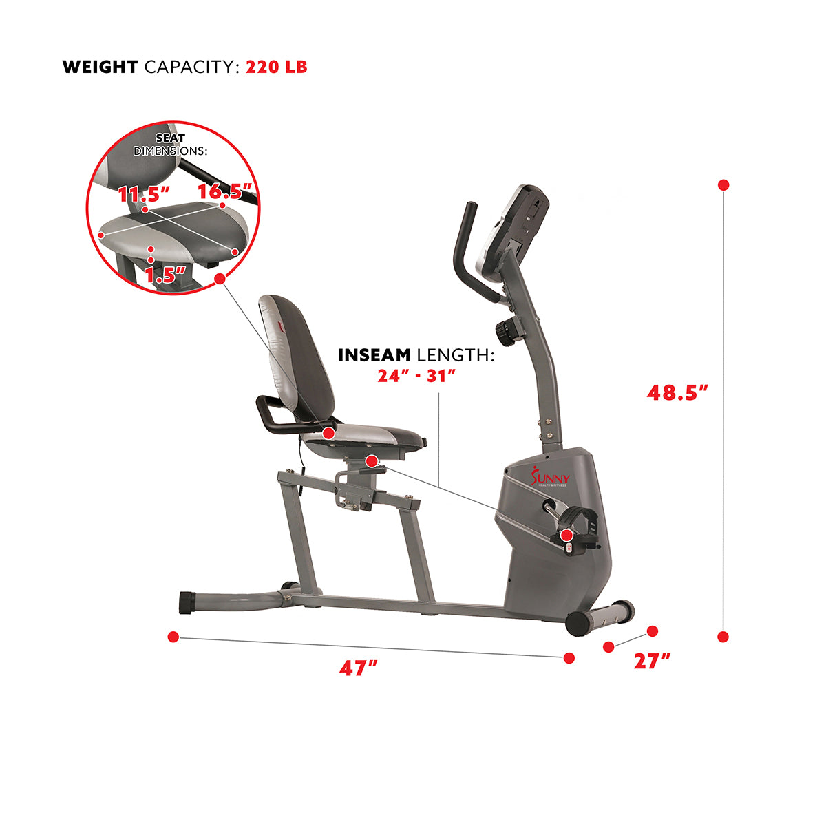  Magnetic Recumbent Exercise Bike w/ Easy Adjustable Seat, Device Holder, RPM and Pulse Rate、mySite、ghnorth