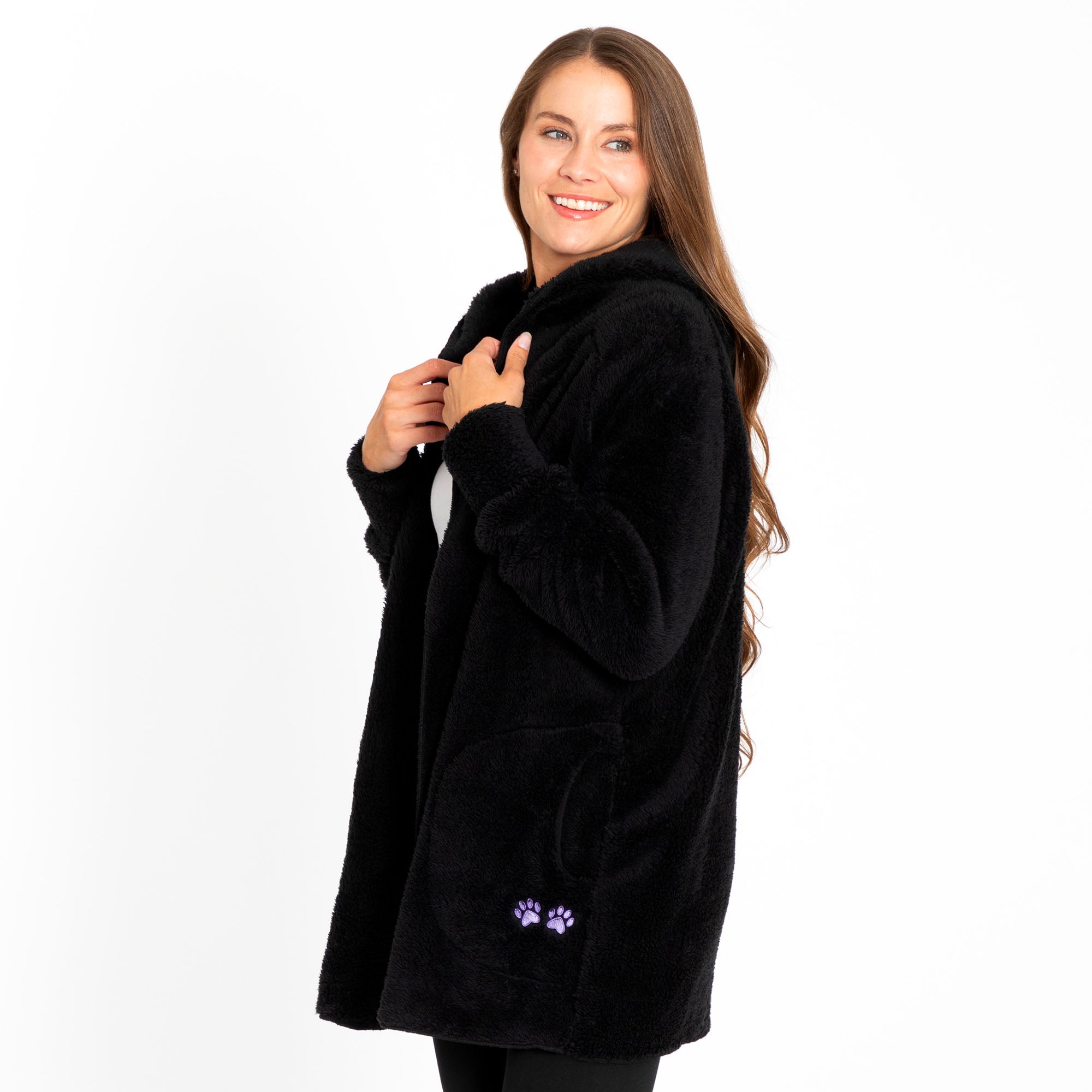 Paw Print Plush Sherpa Fleece Hooded Open Jacket、mySite、camillekostekn